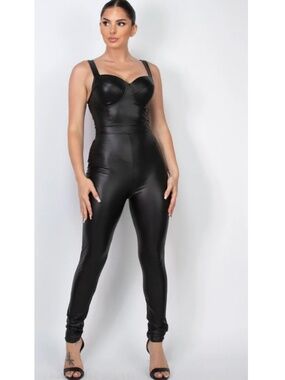 Haute Monde Faux Leather Bustier Skinny Catsuit